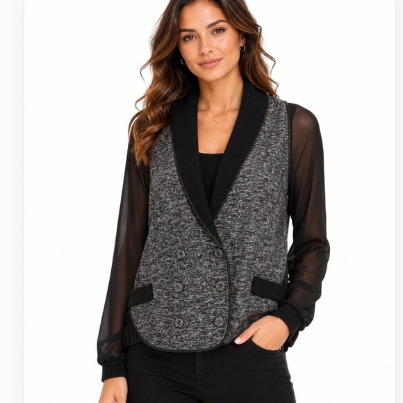 O'2nd Jackets & Blazers - O'2nd Jacket Women 6 Black Gray Wool Blend Mixed Media Sheer Sleeve 2AM3WJ040